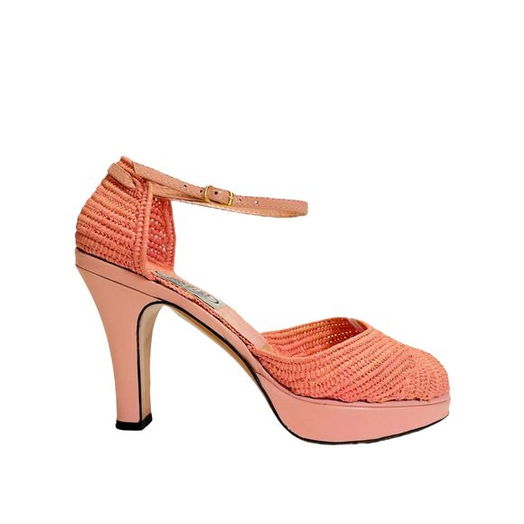 Vintage EMMA HOPE Pink Raffia Platform Heels, Size 9.5 - Picture 1 of 9